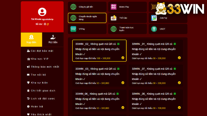 Hướng dẫn nạp tiền 33win đơn giản có thể làm ngay tại nhà